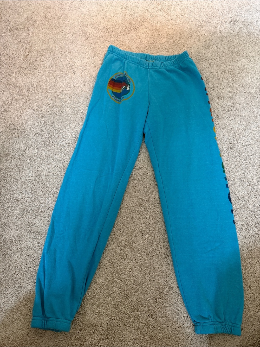 Aviator nation Teal Sweatpants with Rainbow Patch -
